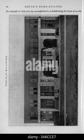 Keith's Home-Builder, veröffentlicht 1900 von Walter J. Keith, zeigte Wohnentwürfe mit detaillierten Grundrissen und Kostenschätzungen. Das Magazin enthielt Artikel über Wohnbau, Innenarchitektur und Landschaftsarchitektur sowie Werbung für Baustoffe und Wohnmöbel. Stockfoto