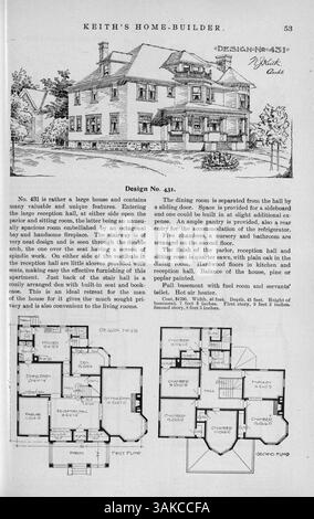 Diese Sammlung von zwölf Ausgaben von Keith's Home-Builder, veröffentlicht 1900, zeigt Hausentwürfe, Grundrisse und Baufotos. Das Magazin enthält auch Artikel über Inneneinrichtung, Landschaftsgestaltung und Baumaterialien. Zu den Themen gehören Pläne für Kirchen und Schulen. Stockfoto