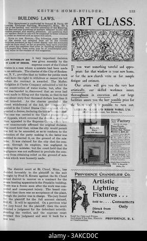 Keith's Home-Builder, 1900, herausgegeben von Walter J. Keith, bietet detaillierte Pläne und Illustrationen für Häuser in verschiedenen Architekturstilen. Das Magazin enthält Kosten für den Bau sowie zusätzliche Funktionen zu Wohnkultur, Landschaftsgestaltung und Werbung für Baumaterialien, Möbel und Accessoires. Einige Ausgaben enthalten auch Entwürfe für Schulen, Kirchen und andere Gebäudetypen. Stockfoto