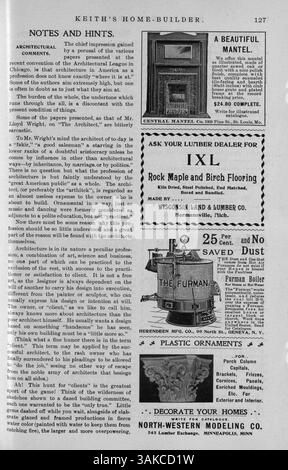 Das Magazin „Keith's Home-Builder“ aus dem Jahr 1900 enthält zwölf Ausgaben mit architektonischen Hausplänen, Grundrissen, Kostenschätzungen und Artikeln über den Hausbau. Es bietet auch Innenarchitektur, Landschaftsarchitektur und Anzeigen für Wohnmöbel und Baumaterialien. Einige Ausgaben präsentieren Entwürfe für Schulen und Kirchen. Stockfoto