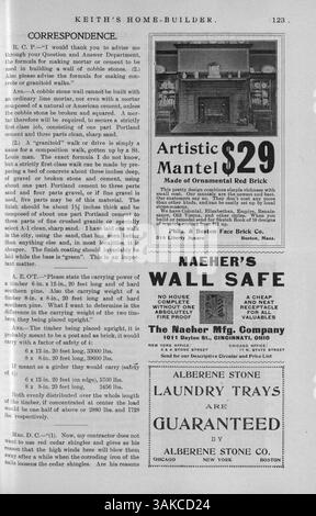 „Keith's Home-Builder“ umfasst zwölf monatliche Ausgaben aus dem Jahr 1900, die jeweils Architekturentwürfe mit Grundrissen und Kostenschätzungen enthalten. Artikel über Wohngebäude, Inneneinrichtung und Landschaftsgestaltung sind ebenfalls enthalten, ebenso Werbung für Baumaterialien und Wohnmöbel. Zu den Themen gehören Pläne für Kirchen und Schulen. Stockfoto