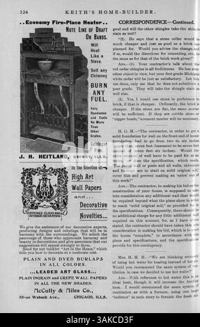 Zwölf Ausgaben von „Keith's Home-Builder“, veröffentlicht 1900, mit architektonischen Häuserentwürfen, Grundrissen, Kostenbeschreibungen und Hausbauartikeln. Zu den Themen gehören Innenarchitektur, Landschaftsarchitektur und Werbung für Baustoffe und Wohnmöbel. Einige Ausgaben zeigen auch Kirchen- und Schulentwürfe. Stockfoto