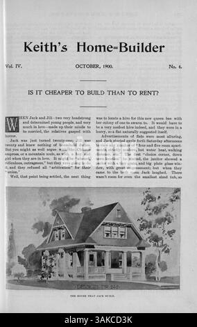 Keith's Home-Builder, eine Zeitschrift des Architekten Walter J. Keith, bietet eine Reihe von Wohnentwürfen mit Grundrissen, Baukosten und detaillierten Beschreibungen. Das Magazin enthält auch Artikel über Inneneinrichtung, Landschaftsgestaltung und Werbung für Baumaterialien, Möbel und Accessoires. Stockfoto