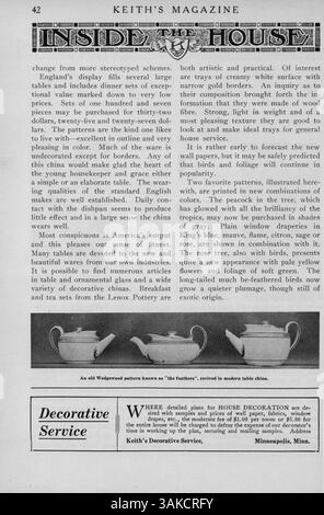 Das Keith’s Magazine, das monatlich vom Architekten Max L. Keith herausgegeben wird, präsentiert zwölf Ausgaben, in denen Hausentwürfe anhand von Illustrationen, Grundrissen und Fotografien präsentiert werden. Das Magazin bietet Details zum Bau, Kosten und zusätzliche Artikel zu Wohndesign, Inneneinrichtung und Landschaftsgestaltung. Es enthält Werbung für Wohnmöbel, Baumaterialien und auch Pläne für Kirchen und Schulen. Stockfoto