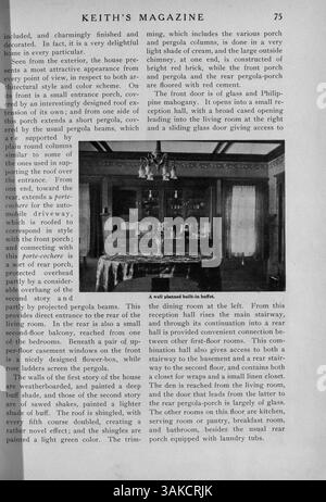 Das Keith’s Magazine, das 1918 vom Architekten Max L. Keith veröffentlicht wurde, enthält eine Reihe von zwölf monatlichen Ausgaben mit Wohndesigns, Fotografien und Grundrissen. Das Magazin umfasst Baukosten, Artikel über Wohnbau, Inneneinrichtung und Landschaftsgestaltung sowie Werbung für Baustoffe und Wohnmöbel. Stockfoto