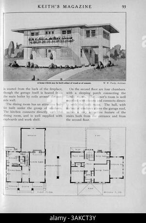 Diese Sammlung von 12 Ausgaben des Keith's Magazine aus dem Jahr 1918 umfasst Grundrisse und Entwurfsbeschreibungen für Häuser sowie Baukostenaufschlüsselung. Das Magazin diskutiert verschiedene Architekturstile und enthält Artikel über Inneneinrichtung und Landschaftsgestaltung. Es bietet Einblicke in die Hausbaupraktiken während dieses Zeitraums, einschließlich Werbung für Baumaterialien und Wohnmöbel. Stockfoto