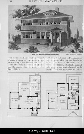 Das Keith’s Magazine, das 1918 vom Architekten Max L. Keith monatlich veröffentlicht wurde, zeigt Hausentwürfe, Grundrisse und Artikel über Wohnbau, Innenarchitektur und Landschaftsplanung. Das Magazin enthält Werbung für Möbel und Baumaterialien sowie Pläne für Schulen und Kirchen. Stockfoto