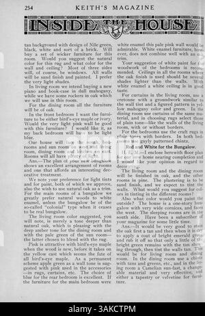 Keith’s Magazine, das 1918 vom Architekten Max L. Keith veröffentlicht wurde, beleuchtet Wohndesigns, Grundrisse und Baukosten für Häuser in verschiedenen Stilen. Es enthält Artikel über Wohnkultur, Inneneinrichtung und Landschaftsgestaltung sowie Pläne für Gebäude wie Kirchen und Schulen. Stockfoto