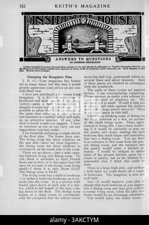 Keith’s Magazine, das 1918 vom Minneapolis-Architekten Max L. Keith veröffentlicht wurde, bietet zwölf Ausgaben mit detaillierten Illustrationen, Fotografien und Grundrissen von Hausentwürfen. Das Magazin enthält Beschreibungen, Kosten und Artikel zu Wohnbau, Inneneinrichtung, Landschaftsgestaltung und Werbematerial für Baubedarf. Stockfoto