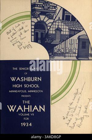 Die Ausgabe 1934 des Washburn Yearbook mit dem Titel „Wahian“ zeigt die Schülerschaft, die Fakultät, die Sportmannschaften und die Clubs des Schuljahres 1933-1934 und spiegelt die Dynamik der damaligen Schulgemeinschaft wider. Stockfoto