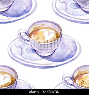 Nahtloses Aquarellmuster von weißen Tassen mit Kaffee. Illustration für Ihr Design. Pastellfarben. Stockfoto