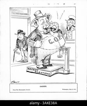 Der politische Zeichentrick zeigt den G.O.P. Elefanten, der auf einer Skala steht, die als "jüngste Wahlen" bezeichnet wird, was den Erfolg der Republikanischen Partei bei den jüngsten Wahlen veranschaulicht. Stockfoto