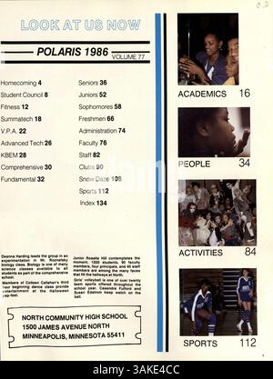 Das Jahrbuch „Polaris 1986“ der North High School dokumentiert das Schuljahr 1985-1986 und erfasst das Leben der Schüler, akademische Leistungen, Leichtathletik und außerschulische Clubs. Stockfoto