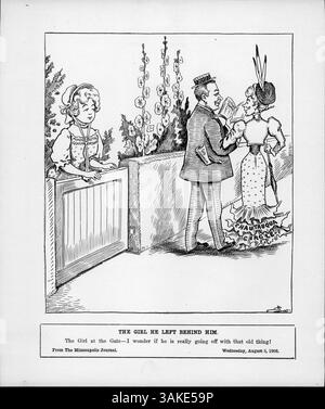 Ein politischer Zeichentrick der Minneapolis Tribune, der die Entscheidung von Gouverneur Johnson, eine jüngere Frau im Stich zu lassen, darstellt, was seine Ablehnung einer dritten Amtszeit als Gouverneur von Minnesota symbolisiert. Die Überschrift lautet: „Das Mädchen am Tor: Ich Frage mich, ob er wirklich mit diesem alten Ding losgeht!“ Er verweist auf seine Entscheidung, eine Wiederwahl nach der Rückkehr von einer Vortragsreise nicht in Betracht zu ziehen. Stockfoto
