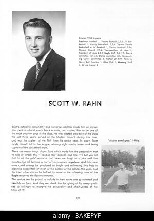 Das Mustang Jahrbuch 1961 zeigt die Leistungen der Schüler in Leichtathletik, Akademiker und außerschulischen Aktivitäten während des Schuljahres 1960-1961 an der Breck School. Stockfoto