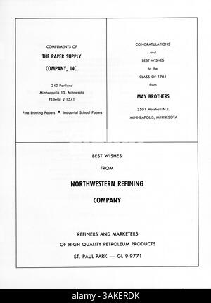 Das Mustang Jahrbuch 1961 fängt die Höhepunkte des Jahres an der Breck School ein und zeigt Schüleraktivitäten, sportliche Leistungen und unvergessliche Momente während des akademischen Jahres 1960-1961. Stockfoto