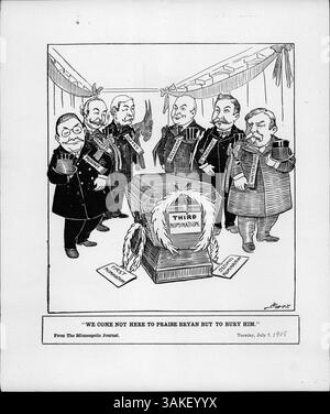 Ein historisches Bild mit einem Sarg, der mit Kränzen aus den Nominierungen der politischen Persönlichkeiten geschmückt ist. Diese Szene bezieht sich auf die nationalen politischen Spannungen rund um William Jennings Bryans Tod und seinen Einfluss auf die Demokratische Nationalkonvention von 1919. Stockfoto
