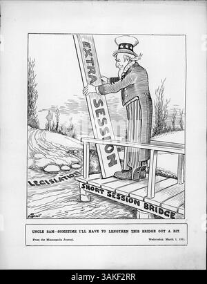 Dieser politische Zeichentrick zeigt Onkel Sam am Ende einer Brücke, der darüber nachdenkt, wie man mit der „Extra-Sitzung“ des Kongresses umgehen soll. Er spiegelt die Besorgnis über die Unzulänglichkeit der am 3. März abgeschlossenen Legislativsitzung wider Stockfoto