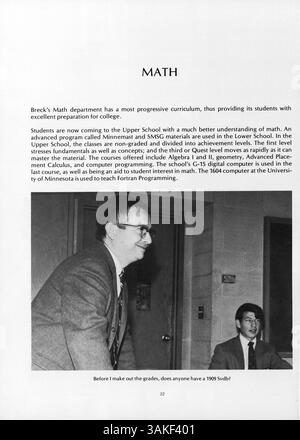 Das Mustang Jahrbuch 1969 der Breck School dokumentiert die akademischen und sozialen Aspekte des Schuljahres 1968-1969, einschließlich der Aktivitäten der Schüler, der Leichtathletik und der Fakultät. Stockfoto