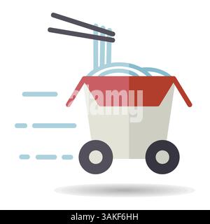 Isoliertes Symbol mit Vektor-Wok-Box auf Rädern. Lieferzeichen. Graph Symbol für Kochen Website und Apps Design, Logo, App, UI Stock Vektor