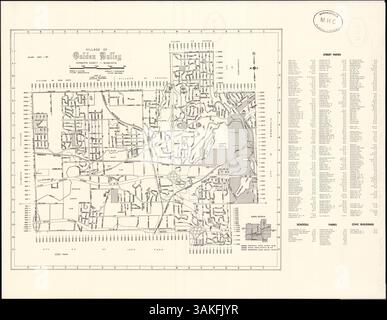 Diese Karte des Village of Golden Valley im Hennepin County, Minnesota, zeigt Straßen, Parks, Schulen, und Bürgerhäuser in der Gegend. Es enthält einen Index für Straßen, Parks, Schulen und eine Miniaturkarte für Schulbezirke. Stockfoto