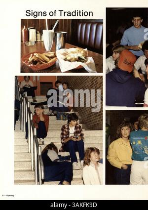 Das Jahrbuch 1985 der Cooper High School Robbinsdale mit dem Titel „Talons“ zeigt die Schüler, Lehrer, Vereine, Leichtathletik und bemerkenswerte Ereignisse aus dem Schuljahr 1984-1985. Es beleuchtet die verschiedenen außerschulischen Aktivitäten, akademischen Leistungen und das Leben der Studenten während dieser Zeit. Stockfoto