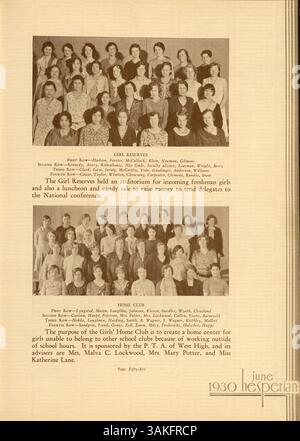 Diese Ausgabe des Hesperian Yearbook der West High School beleuchtet Schüler, Vereine, Leichtathletik und bedeutende Veranstaltungen aus dem akademischen Jahr 1929-1930. Stockfoto
