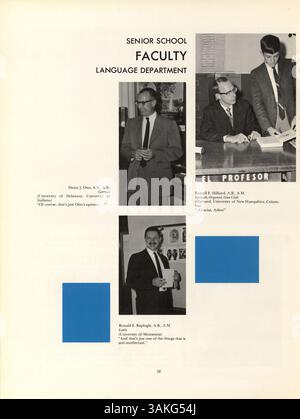Das Blake Yearbook 1966, „Call O' Pan“, fasst die Höhepunkte des Schuljahres 1965-1966 zusammen, darunter Schüler, Lehrer, Vereine, Leichtathletik, und wichtige Schulveranstaltungen. Es dient als historische Aufzeichnung der akademischen und außerschulischen Aktivitäten der Schulgemeinschaft. Stockfoto
