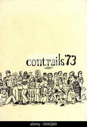 Das Jahrbuch „Contrails“ 1973 von der Lindbergh High School fasst die Höhepunkte des Schuljahres 1972-1973 mit Schülern, Dozenten, Clubs, Leichtathletik, und bedeutende Schulveranstaltungen in Hennepin County, Minnesota. Stockfoto