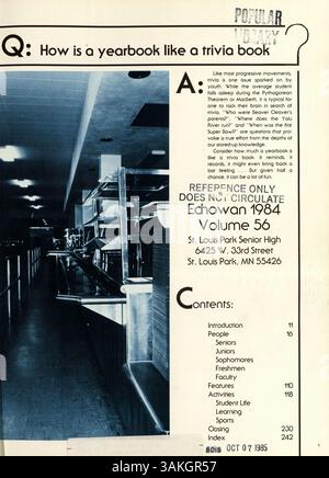 Das Echowan Yearbook 1984 der St. Louis Park High School dokumentiert die Ereignisse und Errungenschaften des Schuljahres 1983-1984, darunter Sport, Akademiker und außerschulische Aktivitäten. Stockfoto