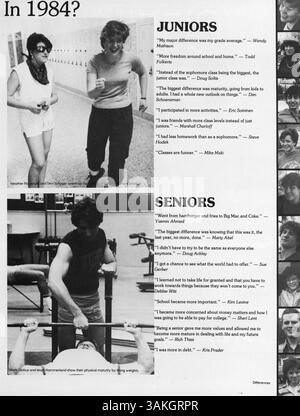 Das Jahrbuch „Echowan 84“ zeigt wichtige Momente aus dem Schuljahr 1983-1984 an der St. Louis Park High School und dokumentiert Schüler, Dozenten, Vereine und Leichtathletik. Stockfoto