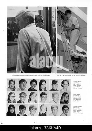 Das Wayzata High School Jahrbuch 1969, Wayako 69, erfasst die Schülerschaft, die Lehrkräfte, die Vereine, die Leichtathletik und die Ereignisse des Schuljahres 1968-1969 und bietet einen umfassenden Einblick in das High School-Leben in dieser Zeit. Stockfoto