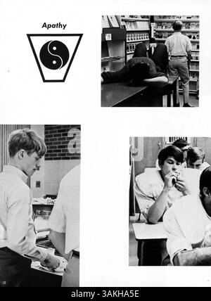 Wayako 69, das 1969 Wayzata High School Jahrbuch, bietet einen Einblick in die Schüler, Dozenten, Vereine, Leichtathletik und Veranstaltungen des Schuljahres von 1968 bis 1969. Stockfoto