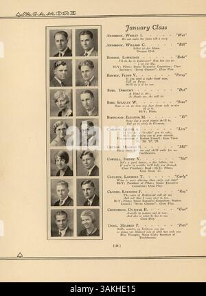 Das Jahrbuch der Roosevelt High School „Sagamore“ von 1929 dokumentiert das Schuljahr, einschließlich Lehrkörper, Schülerleben, Clubs, Leichtathletik, und bedeutende akademische Ereignisse von 1928 bis 1929. Stockfoto
