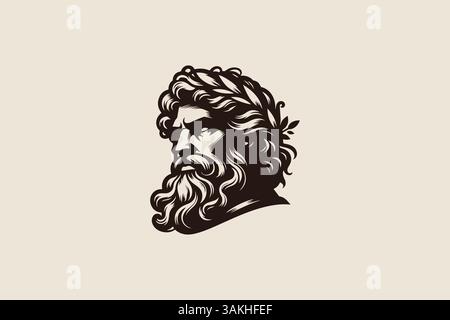Zeus Face Logo Ancient God aus der griechischen Mythologie Mann Bart Lorbeer Stirnband Illustration Brand Identity. Stock Vektor
