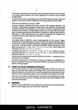 Das 1990 Minneapolis Public Library Official Bulletin ist eine wöchentliche Publikation für Bibliothekspersonal, die wichtige interne Kommunikation, Veranstaltungen und Updates enthält. Stockfoto