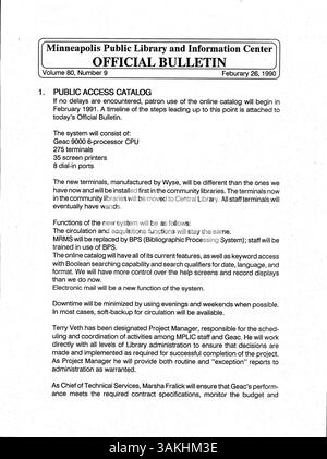 Das offizielle Bulletin der Minneapolis Public Library 1990 bietet wöchentliche Updates und Ankündigungen für das Bibliothekspersonal, einschließlich betrieblicher und organisatorischer Nachrichten. Stockfoto
