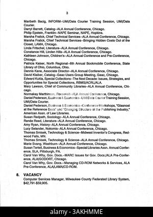 Das offizielle Bulletin der Minneapolis Public Library 1990 diente als interner Newsletter, der den Mitarbeitern der Minneapolis-Bibliothek Updates, Veranstaltungspläne und wichtige Ankündigungen des Personals zur Verfügung stellte. Stockfoto