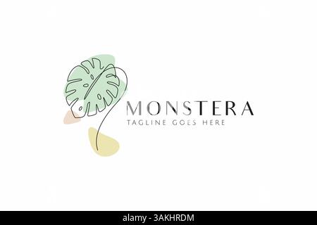 Logo Monstera Plant Leaf Linear Continuous Style Drawn Doodle. Natürliche Tropische Schönheit Mode Wandkunst Dekor Konzept. Stock Vektor