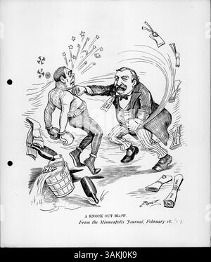 Dieser politische Zeichentrick zeigt den Gouverneur von Minnesota Samuel Van Sant, der dem Preiskampf einen Knockout-Schlag verpasst, symbolisiert durch den Kiefer des „Preiskampfes“. Das Bild bezieht sich auf zeitgenössische Rechtsstreitigkeiten um die Rechtmäßigkeit von Preiskämpfen in den USA Stockfoto