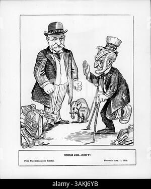 Dieser satirische politische Zeichentrick aus den frühen 1900er Jahren zeigt Joseph Cannon, den Sprecher des Hauses, mit einem republikanischen Miniaturelefanten, der politische Positionen und den Payne-Aldrich Tariff Act von 1909 symbolisiert. Der Zeichentrick reflektiert politische Ereignisse und Persönlichkeiten der Zeit. Stockfoto