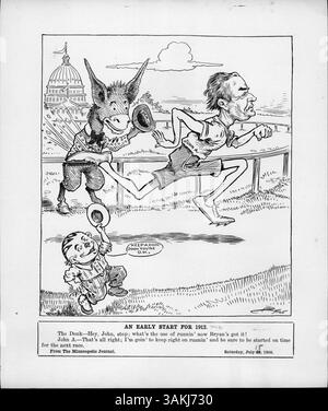 Dieser politische Zeichentrick aus dem Jahr 1912 zeigt einen Demokraten-Esel und einen Minnesota Gopher, der das politische Klima der damaligen Zeit und die Kandidatur von John A. für die Demokratische Nominierung widerspiegelt, wie in der Minneapolis Tribune berichtet. Stockfoto