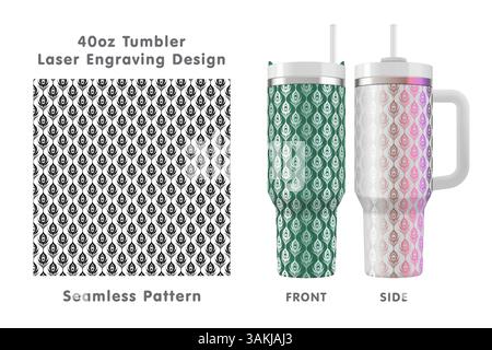 Pfauenfedern-Fliesenmuster. Nahtlose Lasergravur für 40-ml-Becher. Volle Becherfolie. Vektorabbildung. Stock Vektor