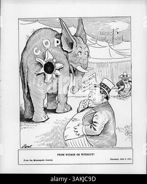 Dieser politische Zeichentrick zeigt Präsident Taft und einen republikanischen Elefanten, der die Ursache des Aufruhrs innerhalb der G.O.P.P.-Regierung in Frage stellt und auf den Vorfall der USS Maine von 1898 und die internen Parteikämpfe während Tafts Präsidentschaft verweist. Stockfoto