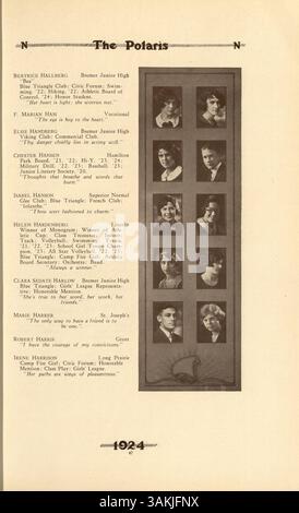Das Polaris Jahrbuch 1924 der North High School dokumentiert das Schuljahr 1923-1924 und hebt Schüler, Lehrer, Leichtathletik, Clubs, und afroamerikanische Kulturbeiträge. Stockfoto