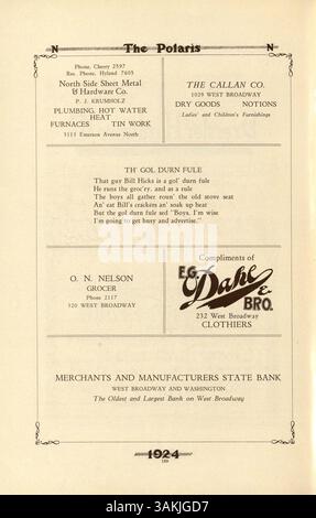 Das Polaris Yearbook 1924 zeigt die Schüler, Lehrer, Vereine, Leichtathletik und den bedeutenden afroamerikanischen Einfluss an der North High während des Schuljahres 1923-1924. Stockfoto
