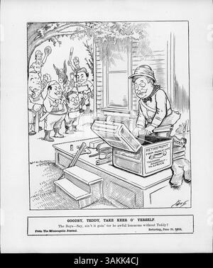 Ein politischer Zeichentrick zeigt Theodore Roosevelt, der sich vom öffentlichen Leben verabschiedet. Die Szene zeigt Taft, Sherman, Bryan, Onkel Sam, den republikanischen Elefanten, und der demokratische Esel, der sich verabschiedet. Stockfoto