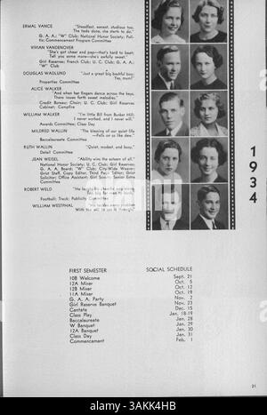 Das Jahrbuch „Wahian“ von der Washburn High School im Jahr 1934 bietet einen historischen Bericht über die Schülerschaft, die Vereine, die Leichtathletik und die Schulveranstaltungen aus dem akademischen Jahr 1933-1934. Stockfoto