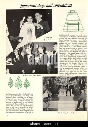 Das Jahrbuch „Antler“ der Minnehaha Academy 1960 beleuchtet das Schülerleben, das Engagement der Lehrkräfte, die Leichtathletik und Schulveranstaltungen aus dem Schuljahr 1959-1960. Stockfoto