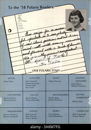 Das Polaris Yearbook 1958 der North High School erfasst das soziale, akademische und sportliche Leben des Schuljahres mit einem Schwerpunkt auf afroamerikanischer Geschichte und Beiträgen. Stockfoto